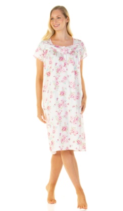 Sue Marks Luxury 100% Combed Cotton Roses Woven Short Sleeve Nightdress